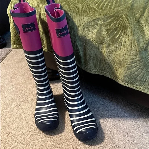 Joules Pink and Blue Striped Rain Boots - Picture 2 of 6